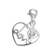 Sterling Silver Sweet Heart CZ Love Dangle European Lobster Clip on Charm Pendant
