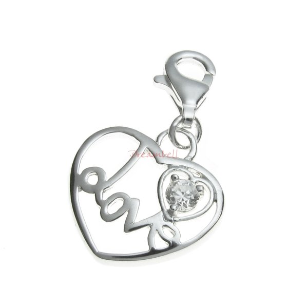 Sterling Silver Sweet Heart CZ Love Dangle European Lobster Clip on Charm Pendant