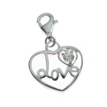 Sterling Silver Sweet Heart CZ Love Dangle European Lobster Clip on Charm Pendant