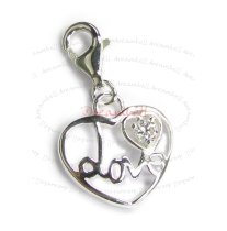 Sterling Silver Sweet Heart CZ Love Dangle European Lobster Clip on Charm Pendant