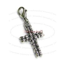 Sterling Silver Cross with Flower Dangle Pendant for European Lobster Clip on Charm
