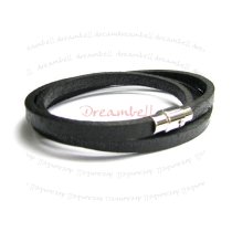 Stainless Steel 3 Rounds Light Black Flat Leather Cord 5mm Magnetic Wristband Bracelets 8″