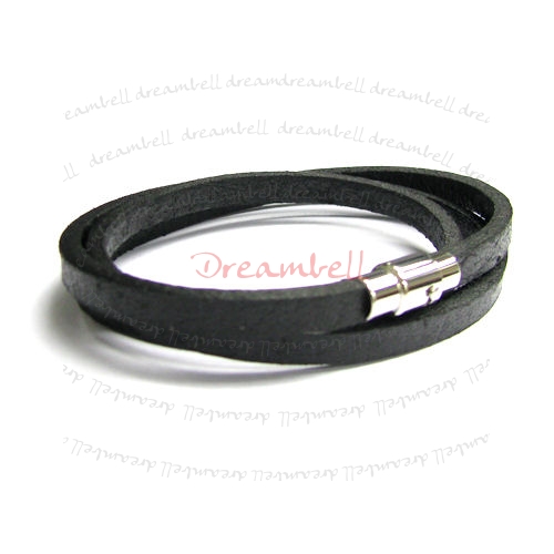 Stainless Steel 3 Rounds Light Black Flat Leather Cord 5mm Magnetic Wristband Bracelets 8"