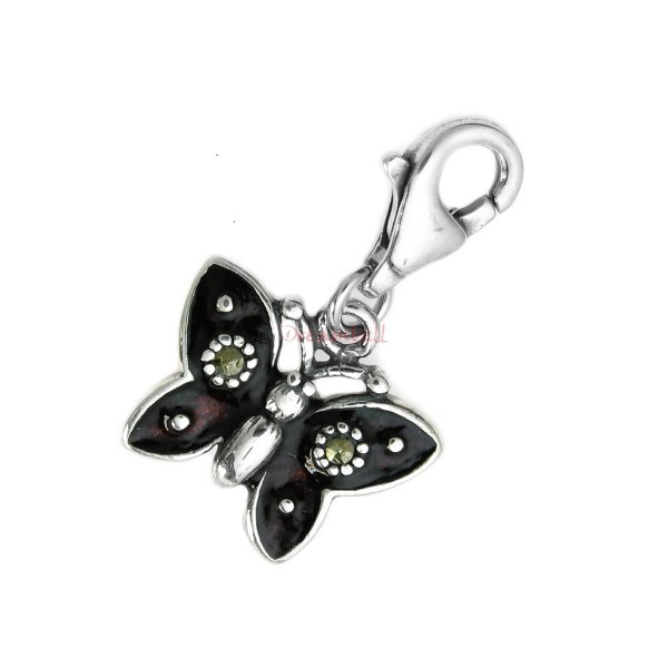 Sterling Silver Pretty Butterfly Enamel Marcasite Dangle Pendant for European Lobster Clip on Charm