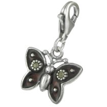 Sterling Silver Pretty Butterfly Enamel Marcasite Dangle Pendant for European Lobster Clip on Charm