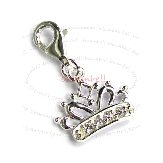 Sterling Silver Crown Cz Dangle Pendant for European Lobster Clip on Charm