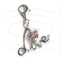 Sterling Silver Sweet Heart with Love Rose Pink CZ Crystal Dangle Pendant for European Lobster Clip on Charm