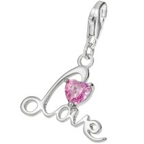 Sterling Silver Sweet Heart with Love Rose Pink CZ Crystal Dangle Pendant for European Lobster Clip on Charm