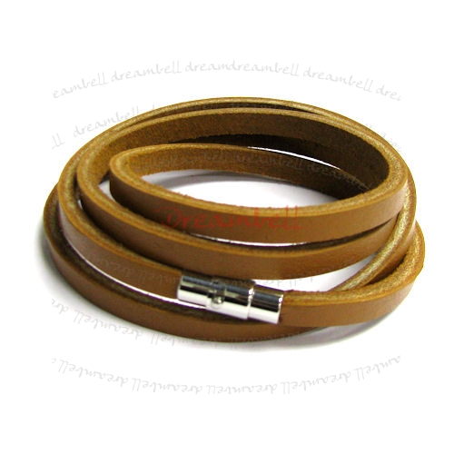 Stainless Steel 4 Rounds Light Brown Flat Leather Cord 5mm Magnetic Wristband Bracelets 8"