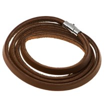 Stainless Steel 4 Rounds Light Brown Flat Leather Cord 5mm Magnetic Wristband Bracelets 8"