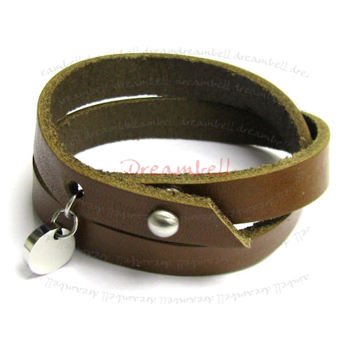 Stainless Steel Brown Flat Leather Cord 11mm Nail Clasp Bracelets 8.5"