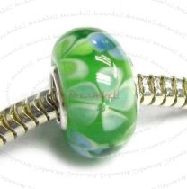 Sterling Silver Murano Flower Green Glass Bead for European Charm Bracelets 12mm