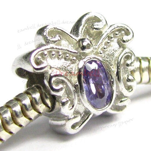 Rhodium plated over Sterling Silver Butterfly CZ Crystal Bead for European Charm Bracelets
