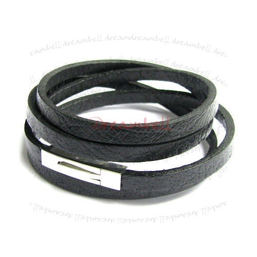 Stainless Steel 4 Rounds Black Mid-East Flat Leather Cord 5mm Rectangular Clasp Wristband Bracelets 8"