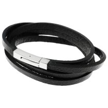Stainless Steel 4 Rounds Black Mid-East Flat Leather Cord 5mm Rectangular Clasp Wristband Bracelets 8"