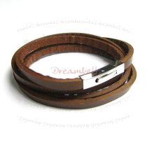 Stainless Steel 4 Round Red Brown Mid-East Flat Leather Cord 5mm Rectangular Clasp Wristband Bracelets 8″