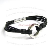Stainless Steel Dream Come True Black Leather Cord 1.5mm Circular Clasp Wristband Bracelets 7.5″
