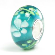 Sterling Silver ROUND Murano Flower Green Glass Bead for European Charm Bracelets