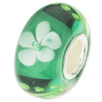 Sterling Silver ROUND Murano Flower Green Glass Bead for European Charm Bracelets