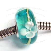 Sterling Silver Murano BLUE FLOWER Glass Bead for European Charm Bracelets 13mm