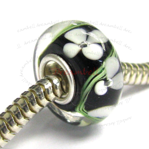 Sterling Silver Black Murano Flower Glass Bead for European Charm Bracelets 14.5mm