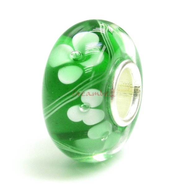 Sterling Silver Green Murano Flower Glass Bead for European Charm Bracelets 14mm