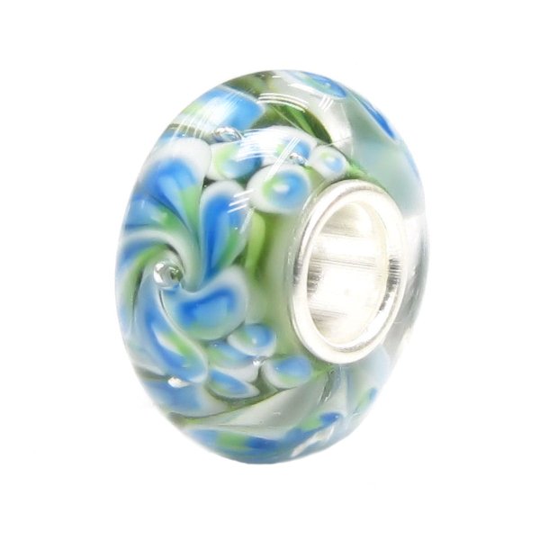 Sterling Silver Murano Flower Green n Blue Glass Bead for European Charm Bracelets 12.5mm