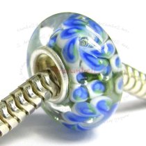 Sterling Silver Murano Flower Green n Blue Glass Bead for European Charm Bracelets 12.5mm
