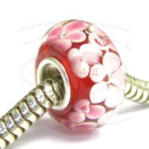 Sterling Silver Round Murano RED Glass FLOWER Bead for European Charm Bracelets 13mm