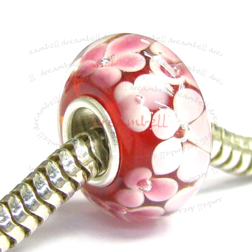 Sterling Silver Round Murano RED Glass FLOWER Bead for European Charm Bracelets 13mm