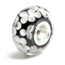 Sterling Silver Round Flower Murano BLACK Glass Bead for European Charm Bracelets