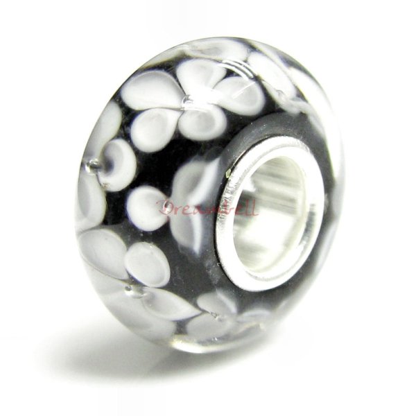 Sterling Silver Round Flower Murano BLACK Glass Bead for European Charm Bracelets