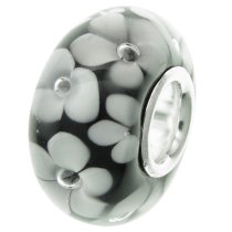 Sterling Silver Round Flower Murano BLACK Glass Bead for European Charm Bracelets
