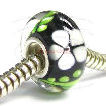 Sterling Silver ROUND Murano Flower Black Glass Bead for European Charm Bracelets