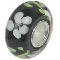 Sterling Silver ROUND Murano Flower Black Glass Bead for European Charm Bracelets
