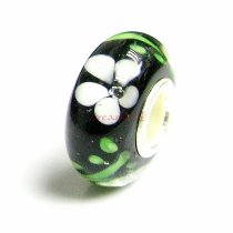 Sterling Silver ROUND Murano Flower Black Glass Bead for European Charm Bracelets