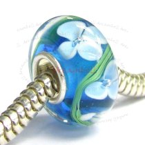 Sterling Silver Lt Blue Murano Flower Glass Bead for European Charm Bracelets 14.5mm