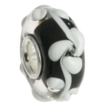 Sterling Silver Murano Glass ROSE FLOWER Black 13mm Bead for European Charm Bracelets