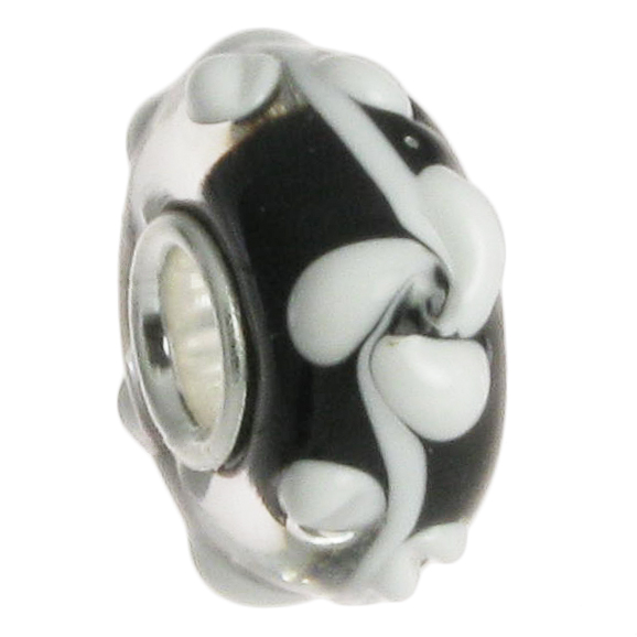 Sterling Silver Murano Glass ROSE FLOWER Black 13mm Bead for European Charm Bracelets