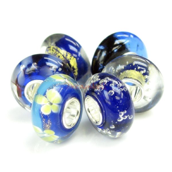 6pcs Sterling SilverAssorted Royal Purple Blue Gold Flower Bubble Murano Glass Bundle Bead for European Charm Bracelets