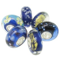 6pcs Sterling SilverAssorted Royal Purple Blue Gold Flower Bubble Murano Glass Bundle Bead for European Charm Bracelets