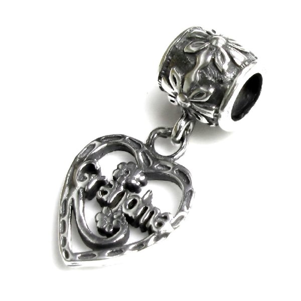 Sterling Silver Heart Love Grandma Dangle Bead for European Charm Bracelets