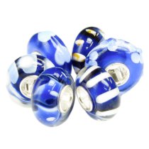 6pcs Sterling Silver Assorted Dark Blue and White Flower Murano Glass Bundle Bead for European Charm Bracelets
