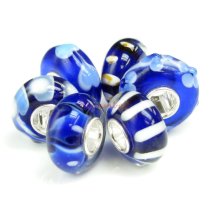 6pcs Sterling Silver Assorted Dark Blue and White Flower Murano Glass Bundle Bead for European Charm Bracelets