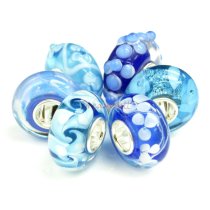 6pcs Sterling Silver Assorted Blue and White Murano Bundle Glass Bead for European Charm Bracelets