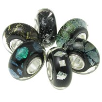 6pcs Sterling Silver Mystery Black Foiled Murano Bundle Glass Bead for European Charm Bracelets