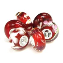 6pcs Sterling Silver Red and White Murano Glass Bundle Bead for European Charm Bracelets