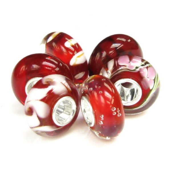 6pcs Sterling Silver Red and White Murano Glass Bundle Bead for European Charm Bracelets