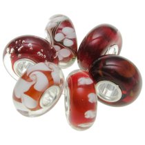 6pcs Sterling Silver Red and White Murano Glass Bundle Bead for European Charm Bracelets