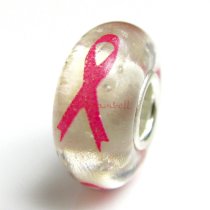 Sterling Silver Pink Ribbon Breast Cancer Awareness Murano Glowing Glass Bead for European Charm Bracelets
